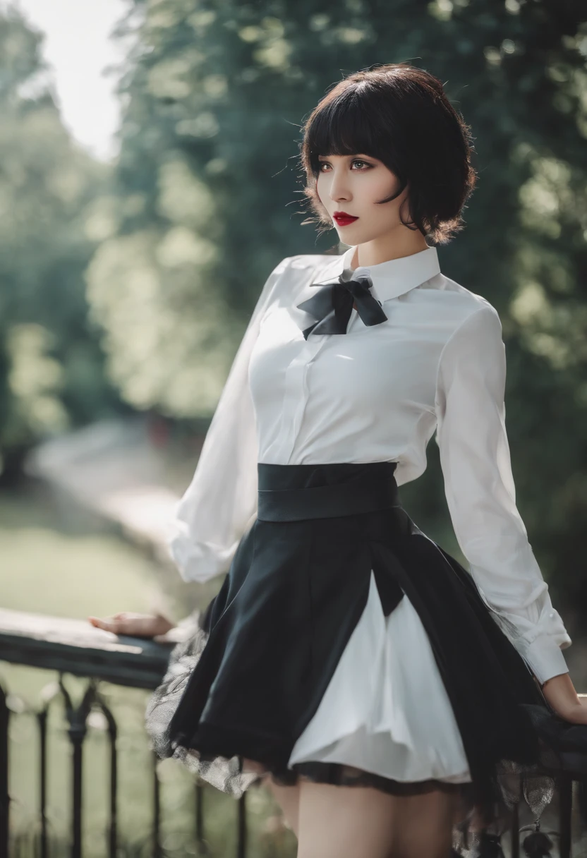 ((beste-Qualit, tmasterpiece)),
a 1girl, white shirt, short black skirt, short black hair, long ears and stockings, white