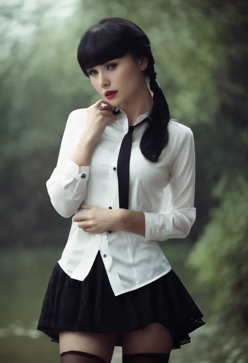 ((beste-Qualit, tmasterpiece)),
a 1girl, white shirt, short black skirt, short black hair, long ears and stockings, white