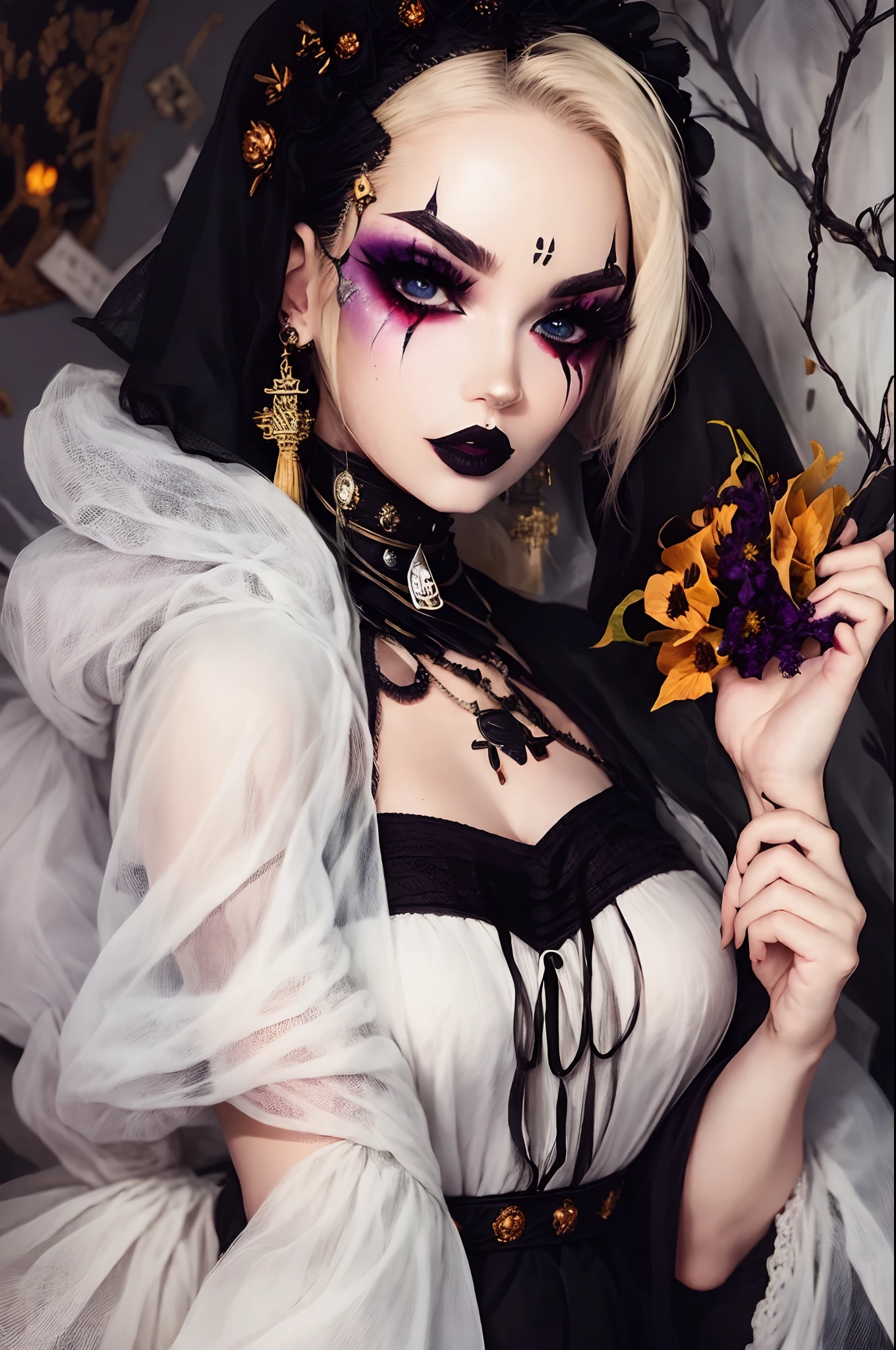 A masterpiece of 4K high-definition detailed drawings　Anime Illustration,Halloween Costume、Full body,infp young woman、Makeup for dark circles under the eyes、Patchwork Makeup、Co-op Bride、Torn Wedding Costume。Makeup Jitome,sanpaku,grin,sidecut, poneyTail,Skull ornament、impurity、Retention of dried flowers、look at viewr