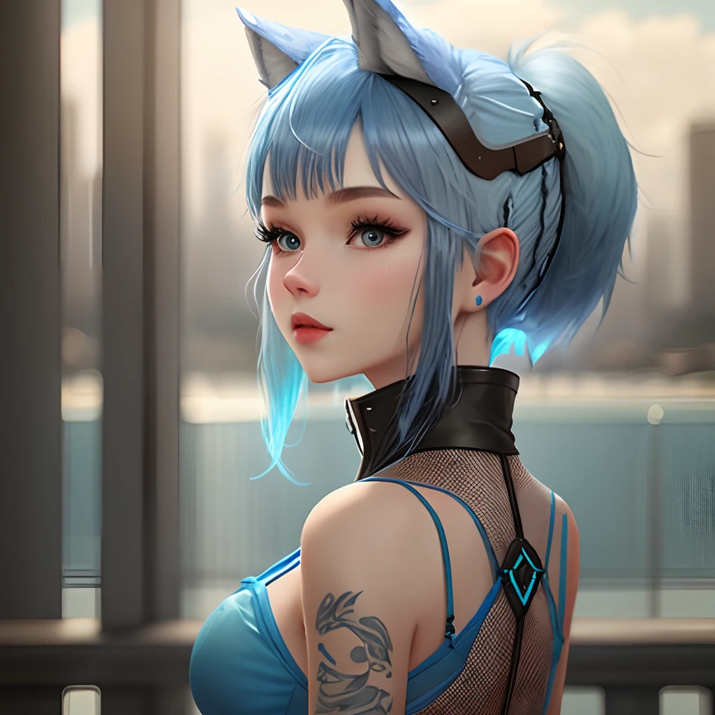 Blue-haired Light blue mesh Wolfcut ember