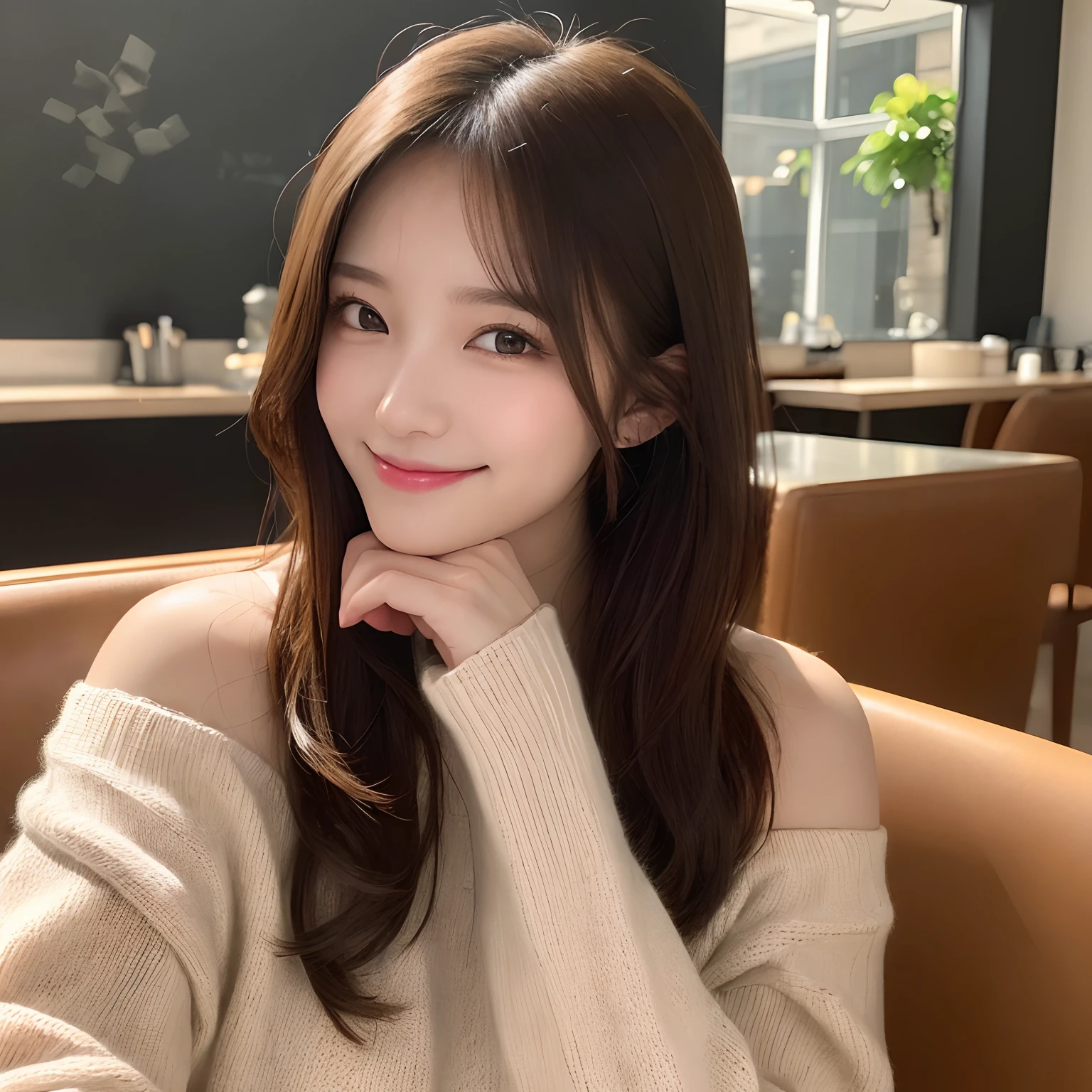 masutepiece, Best Quality, Illustration, Ultra-detailed, finely detail, hight resolution, 8K Wallpaper, Perfect dynamic composition, Beautiful detailed eyes, Long sleeve knit with shoulder extension,Bob Hair, mid-chest, Natural Color Lip, Random and sexy poses,Smile,20 years girl,cafes,Coffee