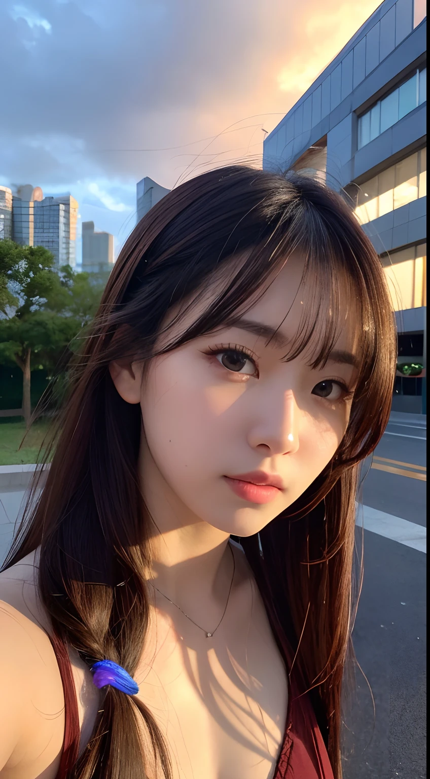 from below, selfie, portrait, finest image, (8k, RAW photo, realistic), neat and beautiful Japanese woman, iridescent brown braided bangs straight hair, shining big eyes, long eyelashes, double eyelids, half open crimson alluring moist big thick lips, large under boobs, abs, slender, perfect proportion, sunset and rainbow after the rain, blurry background cityscape