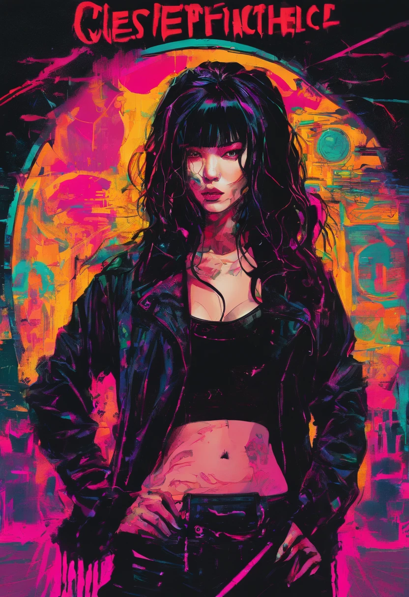 gorgeous female korean black metal singer with long dark hair with sidecut tied up, with Black tight overcoat and tight shorts, full of tattoos, performing on a concert, dark, brush painting pulp fiction style, best quality, masterpiece