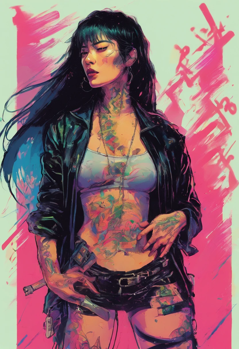 a woman with straight black hair, blue eyes with tattoos, holding a cigarette between her fingers