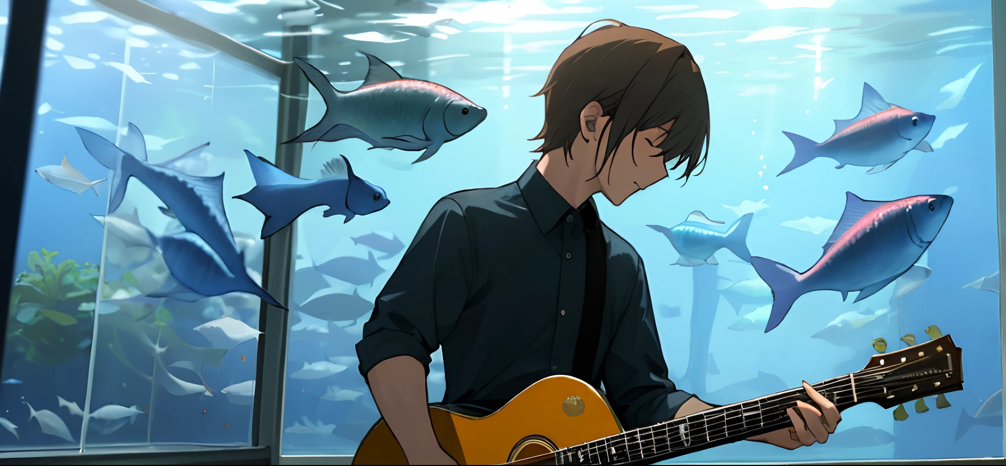 Man playing guitar in aquarium、Fantastical