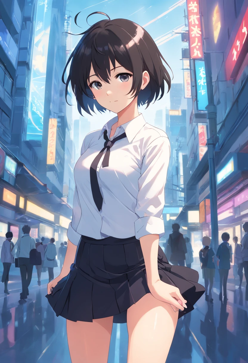 (beste-Qualit, tmasterpiece)), a 1girl, white shirt, short black skirt, short black hair, long ears and stockings, white