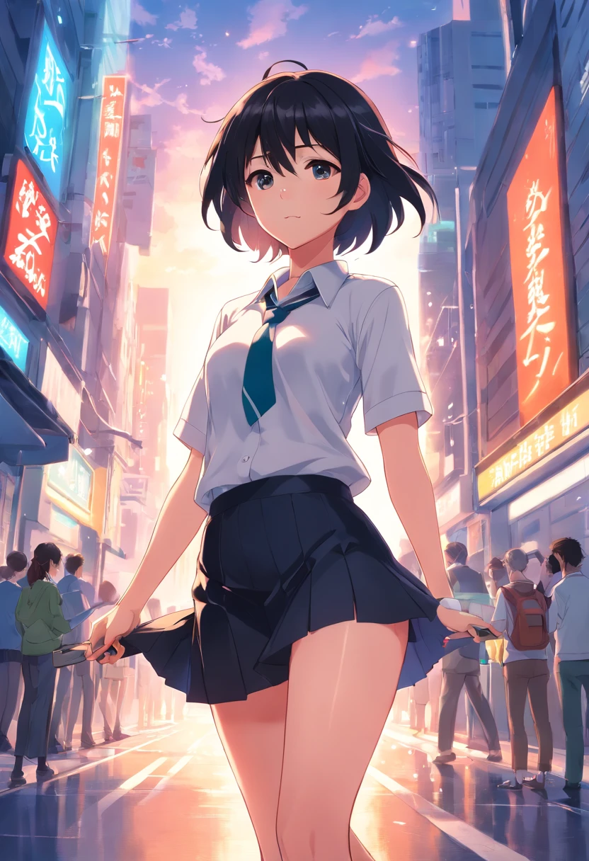 (beste-Qualit, tmasterpiece)), a 1girl, white shirt, short black skirt, short black hair, long ears and stockings, white