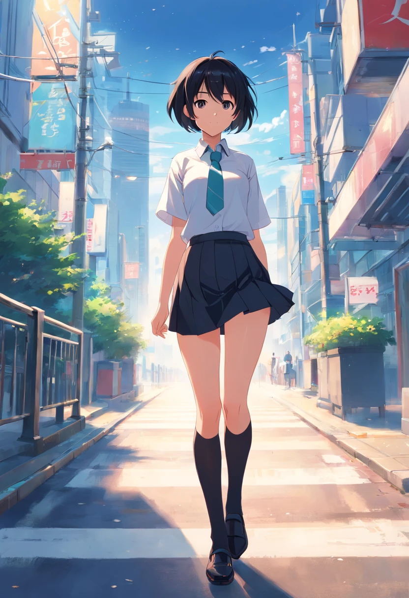 (beste-Qualit, tmasterpiece)), a 1girl, white shirt, short black skirt, short black hair, long ears and stockings, white