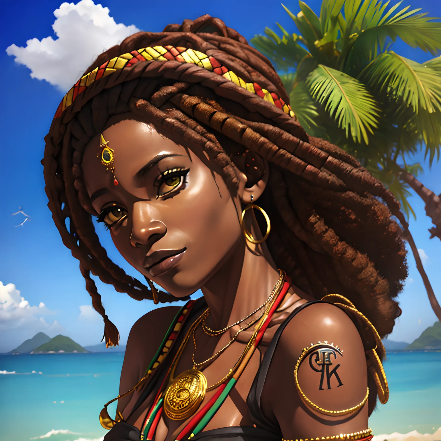 Mulher africana, reggae, realeza, antigo Egito, joias reais, extremamente detalhado, obra de arte, riqueza em detalhes, Very high image definition, 16k