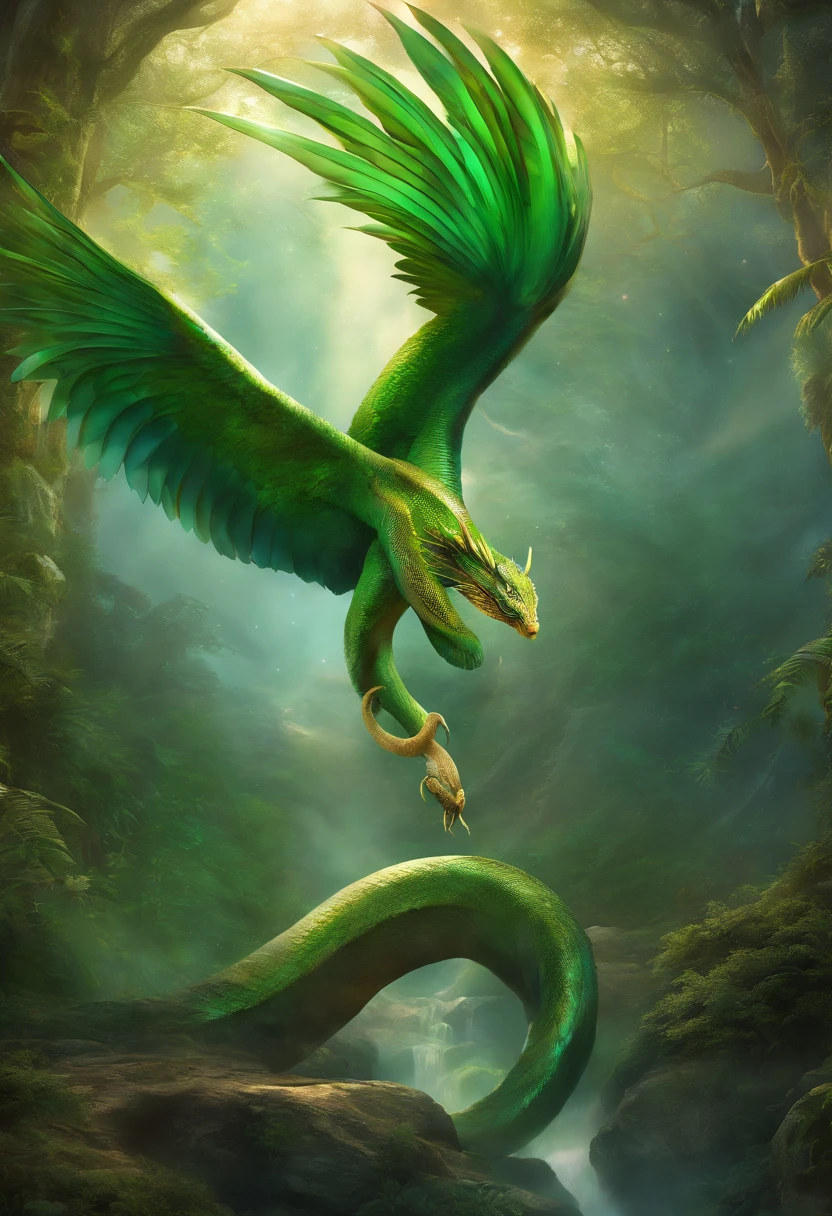 Aeloria is a majestic, serpent-like creature with iridescent, crystalline scales that refract light into a mesmerizing spectrum. With feathered wings resembling stained glass, it soars gracefully through the skies, embodying the beauty of both land and air. Aeloria's serene presence radiates a soothing aura, and its emerald eyes convey wisdom and ancient secrets.