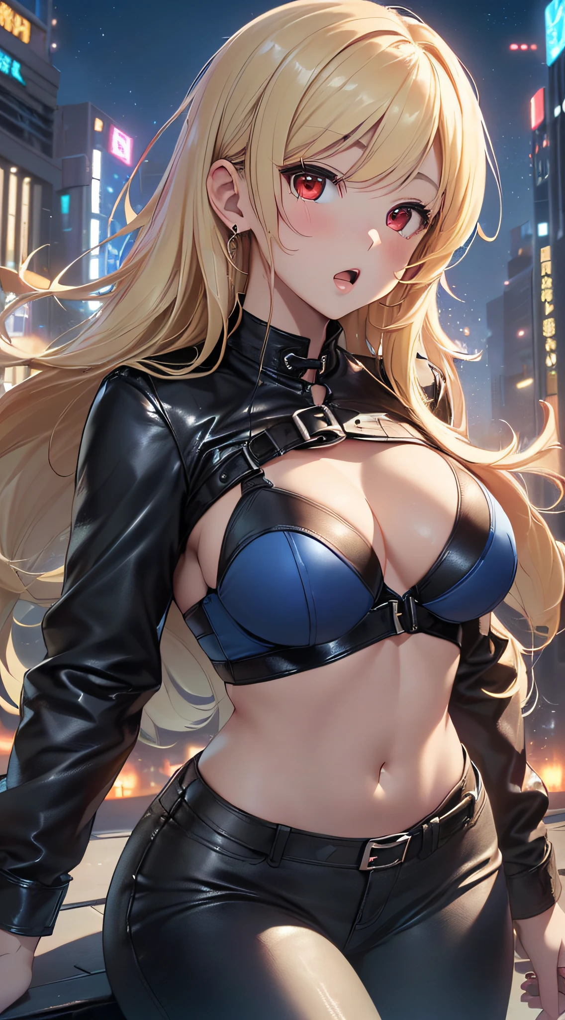 top-quality、Top image quality、masterpiece、girl with((cute little、18year old、Best Bust、Medium bust、Bust 85,Red eyes to issue、Breasts wide open,Valley、Blonde long hair、A slender、Black leather bra、Black leather jacket、White pants、astonished face、)hiquality、Beautiful Art、Background with((nightcity、The ground glows blue、weightless、Things are floating high in the sky)),masutepiece、Elaborate design、visualart、depth of fields、The best lighting、highestdetailed、8k,Angle from above