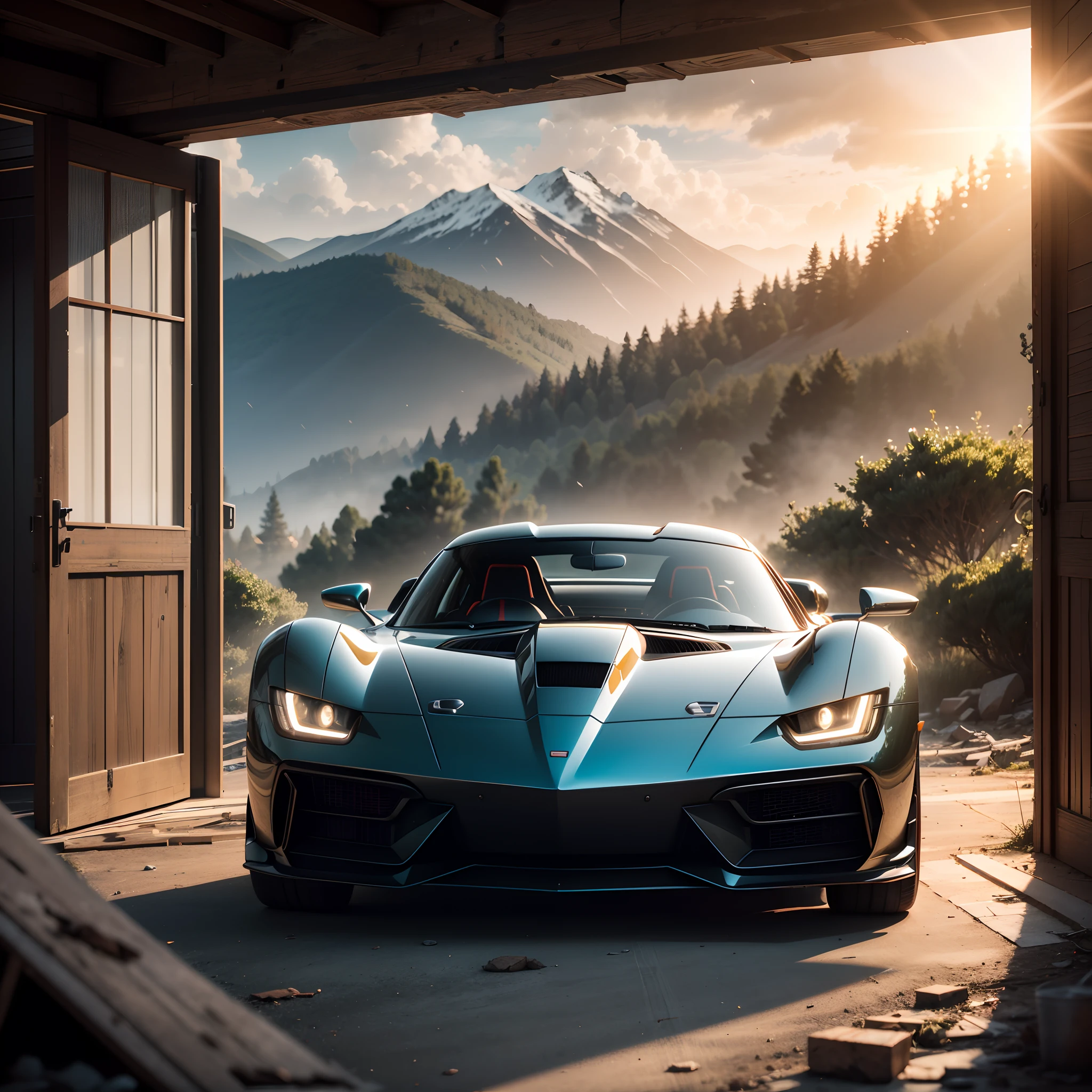 The abandoned 1960s concept supercar is、Found in an old barn in the middle of a mountain forest at sunrise、4k 3D rendering in cloudy weather Rendered Unreal Engine 5 with blender and octane global illumination