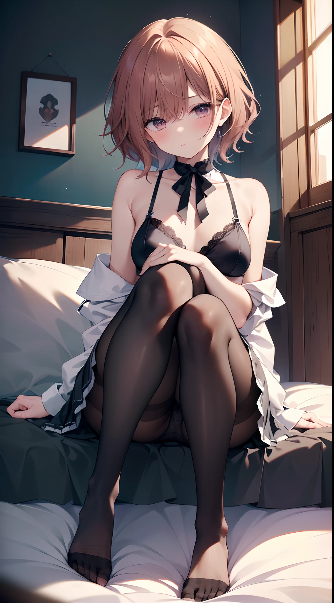 Maruka Higuchi、higuchi_madoka、masterpiece、top-quality、best、超A high resolution、Full body portrait、intricate-detail、An ultra-fine illustrations、perfect anatomia、Correct anatomy、perfectly proportions、face perfect、Hands are2Boken、perfect hand、The feet are in2Boken、perfect foot、Perfect fingers、Small toes、Precise size and balance of upper and lower body、18year old、Schoolgirl with mature body type、A high school girl with long、1人、Whole body from head to leg、full body Esbian、small tits、Small toes、Small toes、Skinny Legs、laying on back、M-shaped legs、Opening legs、Opening legs、Inter-strands、Facing the front、Composition from below、Composition from the front、Panchira、Inner thigh-sitting、Sit on the floor with bent knees and legs open、Front-facing、Lower body facing forward、Slender feet、Slender thighs、Slim toes、Lying on a white bed facing the front、Slender feet、legs slightly open、Sleeping in a big letter、Legs are spread、Hands are slightly raised、brown haired、Medium Hair、Medium haircut、Panting face about to cry、red blush、Embarrassed look、A slightly sad look、Black_Wearing white panties inside stockings、Wearing white panties inside black transparent stockings、Wearing white panties inside black stockings、Wearing white panties inside black pantyhose、Wearing white panties inside black lace pantyhose、Wearing white panties inside stockings with black lenses、Wearing black light pantyhose and white panties、Wearing black transparent pantyhose and white panties、No shoes、No shoes on、pure white under black stockings,,,_panties on、Panties are visible through a navy blue pleated skirt、Pure white bra、Underwear、Bedrooms、in a house、during daytime、(small tits)、((full body Esbian))、masterpiece、(top-quality)