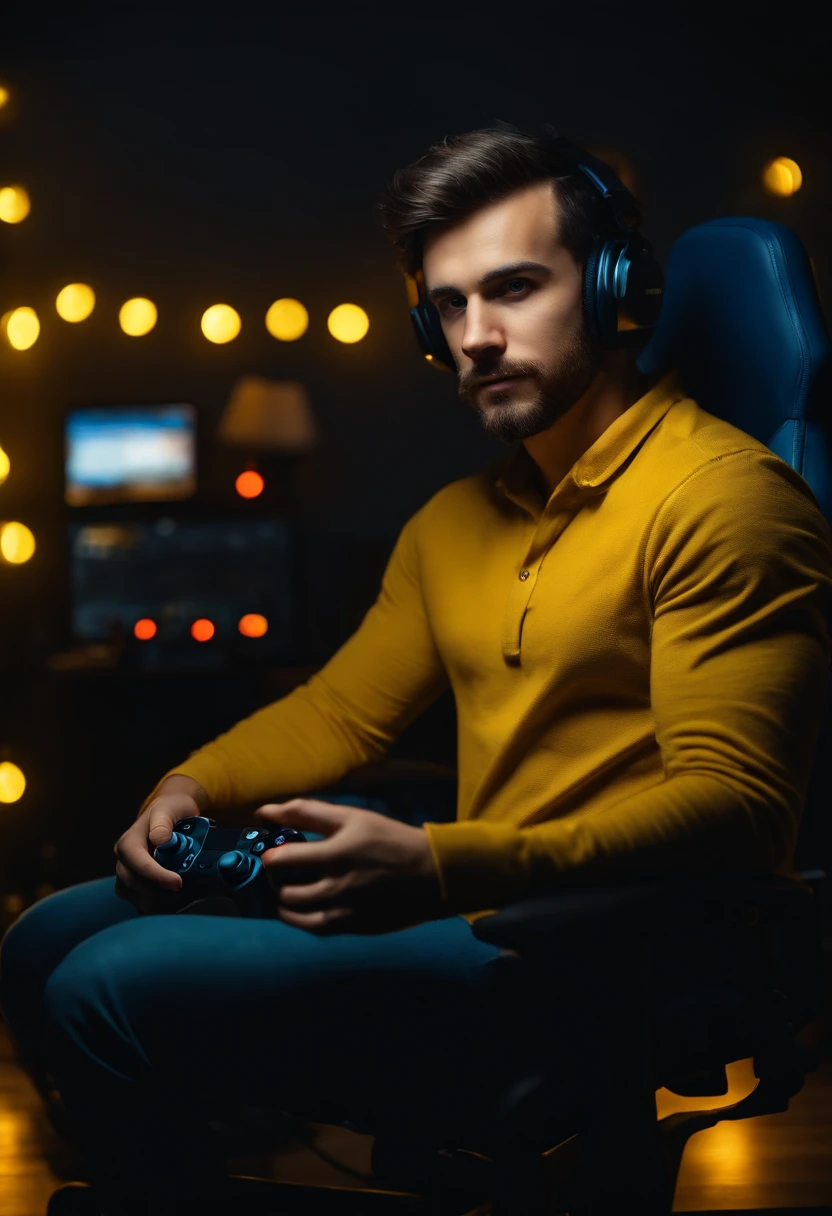 Man looking at the camera, YouTube gamer, sitting on a gaming chair, have a controller on his hand, blue shirt, room full of yellow lights