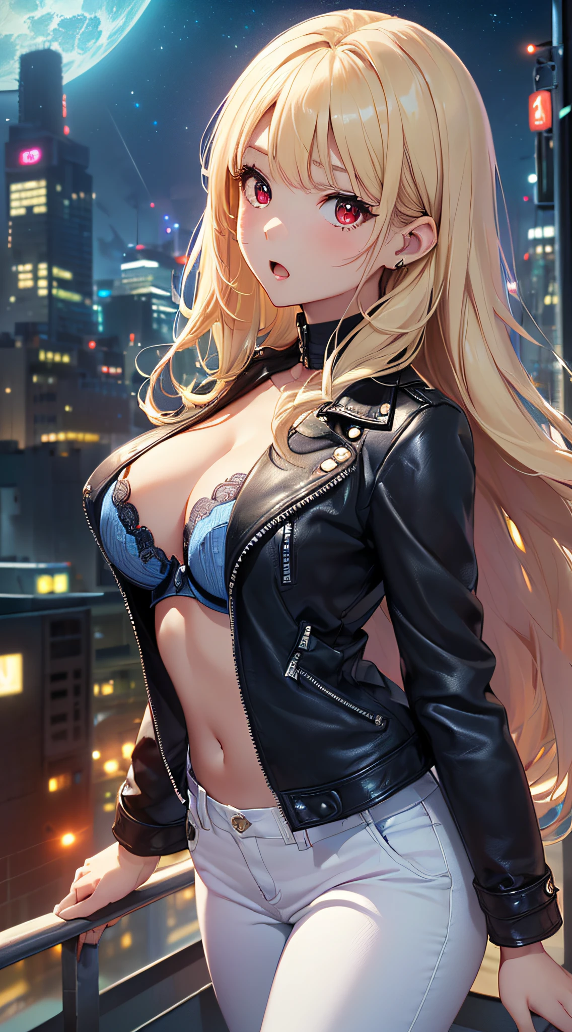 top-quality、Top image quality、masterpiece、girl with((cute little、18year old、Best Bust、Medium bust、Bust 85,Red eyes to issue、Breasts wide open,Valley、Blonde long hair、A slender、Black leather bra、Black leather jacket、White pants、astonished face、)hiquality、Beautiful Art、Background with((nightcity、The ground glows blue、weightless、Things are floating high in the sky)),masutepiece、Elaborate design、visualart、depth of fields、The best lighting、highestdetailed、8k,Angle from above