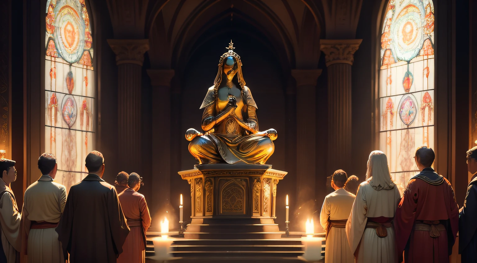 (a group of people worshipping a bronze and cast iron statue),sculpture,religious worship,artistic detailing,realistic textures,beautifully crafted figures,captivating expressions,elaborate robes and accessories,divine atmosphere,morning light streaming through stained glass windows,serene and peaceful setting,spiritual devotion,traditional rituals,touching souls with awe-inspiring art,divine intervention,harmonious chants,dignified and reverent gestures,intense emotional connection,transcendent worship experience,ethereal glow,transcending time and space,faithful followers,ancient traditions and beliefs,sacred space,holy ambiance,profound religious experience,(best quality:1.2),high-resolution,exquisite craftsmanship,vibrant colors,deep shadows and highlights,illuminated with golden hues,sunlit courtyard,rich cultural heritage,collective spiritual journey,faith and devotion (2 groups of people with different ethnicities worshipping together),awe-struck faces,spiritual awakening,sacred ceremony,tranquil and meditative atmosphere,deep connection with the divine,ancestral wisdom,sculptural masterpiece,historic significance,architectural marvel,priceless heritage, 

Be aware of：
The number of tags here has exceeded 40，Tags that exceed the quantity requirement should be removed。