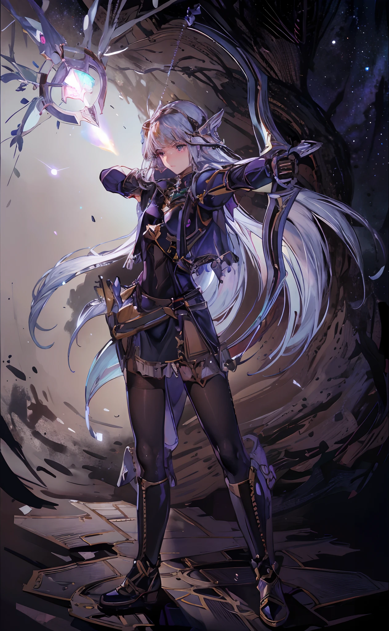 Beautiful paladin girl，Holding a shield，Extremely beautiful，High Balance, Natural light, Lace，lacepantyhose，black in color，starrysky，Star decoration (Masterpiece, Highest quality)，unreal-engine，Standing painting, angle of view,Tulle skirt，ssee-through，blackstockings