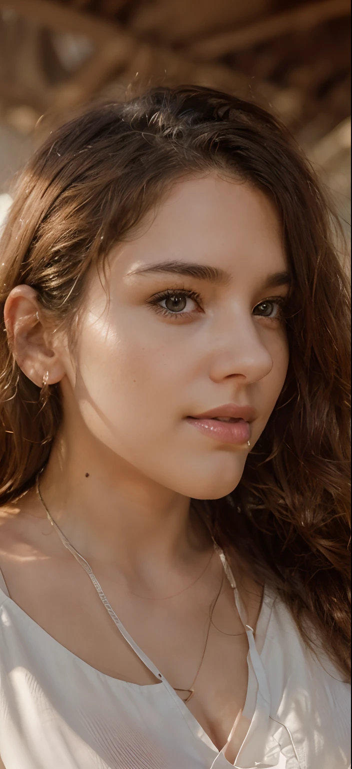 photography of a stunning girl, wearing a low cut top, ((( heavy bust))), wavy hair, sitting beside the beach, looks into the camera, symmetrical eyes, symmetrical face, photorealistic, photography, path tracing, specular lighting, volumetric face light, path traced hair, visible shadows, intricate, elaborate, hyper realistic
