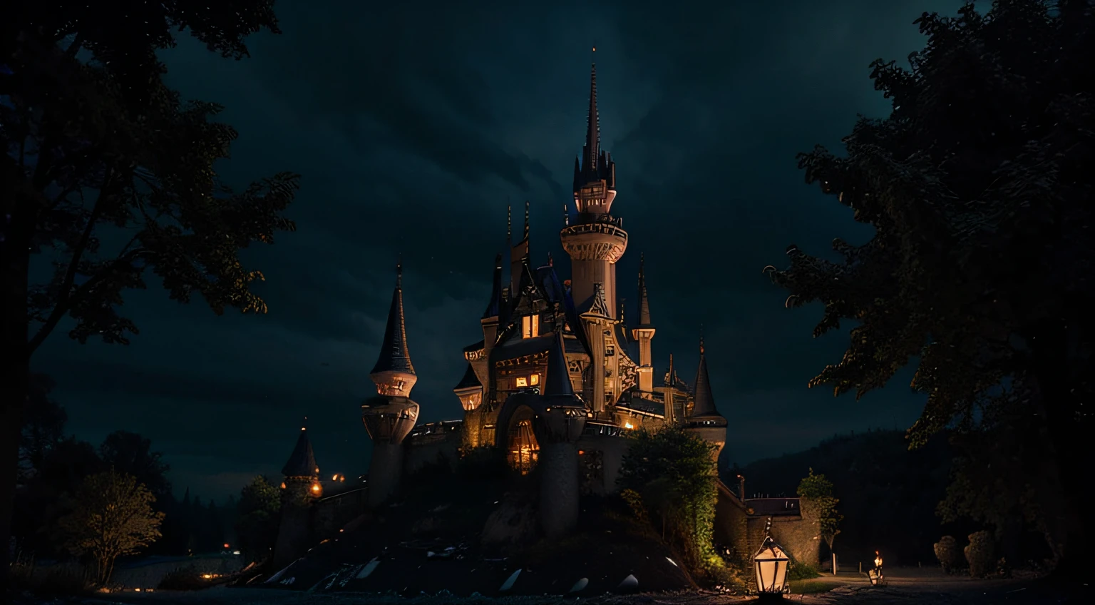 Fairy Tale Vampire Castle: Create a fairy tale-inspired castle inhabited by vampires, with a blend of whimsical elements, like floating lanterns, and dark, Gothic architecture.