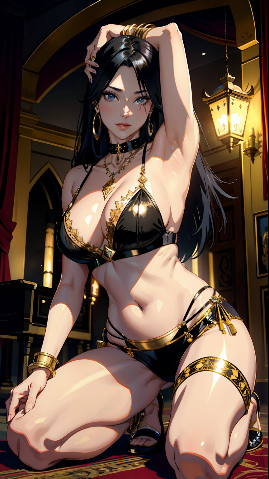 masterpiece, top-quality, Detailed details, Detailed landscapes, beatiful lights, Beautiful Shadows, Female sexy, belly dancer,28 year old,Black eyes,Mischievous smile, A wistful look,eye liner,Long hair,bangle,a choker,piercings, Navel Ejection,Kneeling,model poses,detailed skin textures,Classic theater、Arabian Night、 Tyndall effect