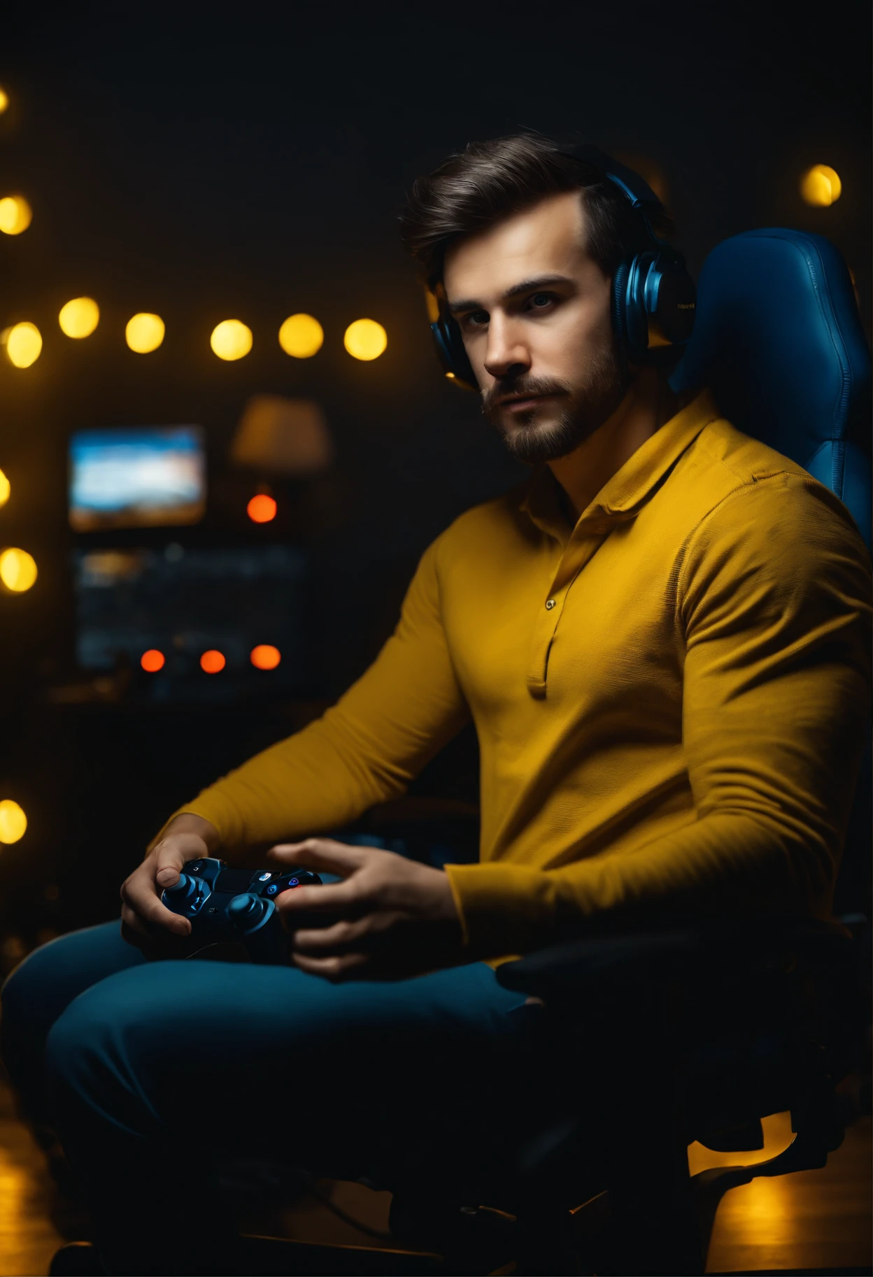 Man looking at the camera, YouTube gamer, sitting on a gaming chair, have a controller on his hand, blue shirt, room full of yellow lights