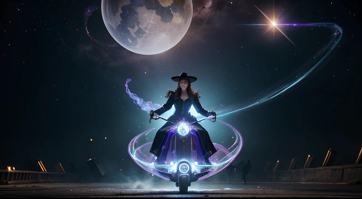 Portray a surreal time warp, where different eras collide, featuring elements like Victorian ghosts riding futuristic hoverboards or medieval witches using holographic spellcasting devices.