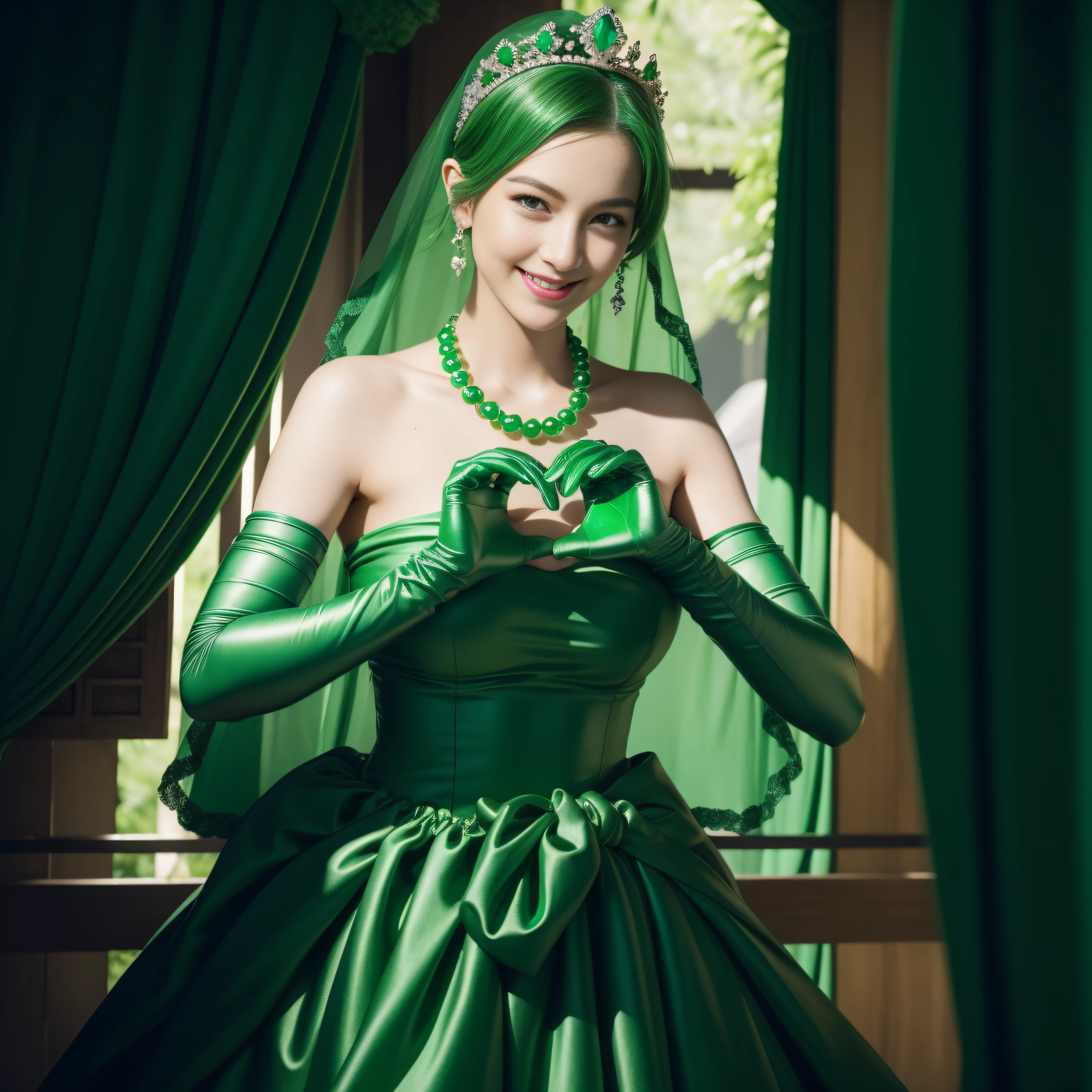 emerald tiara, Green Pearl Necklace, Boyish very short green hair, lipsticks, Japan woman smiling, very short short hair,  big breasts beautiful, Green eyes, Long green gloves made of satin material, Green eyes, Emerald Earrings, green vale, Heart with both hands