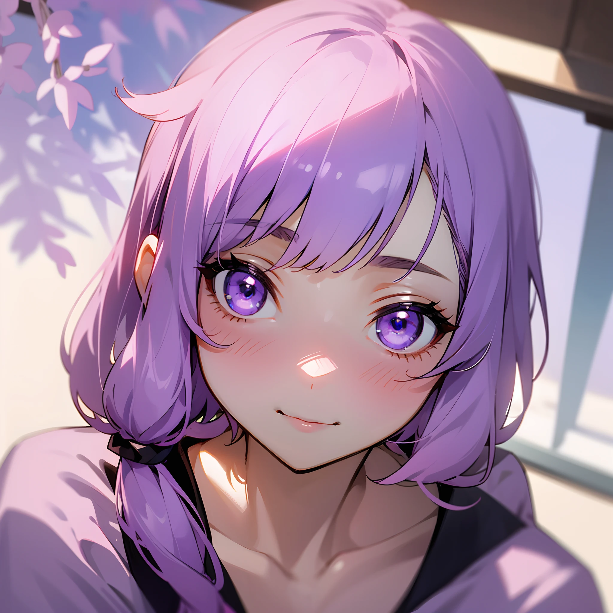 1girl in、skin gloss、Yuzuki Yukari、love you、Looking at the camera、Beautiful purple eyes、Light lilac hair、short-hair、Summer Park