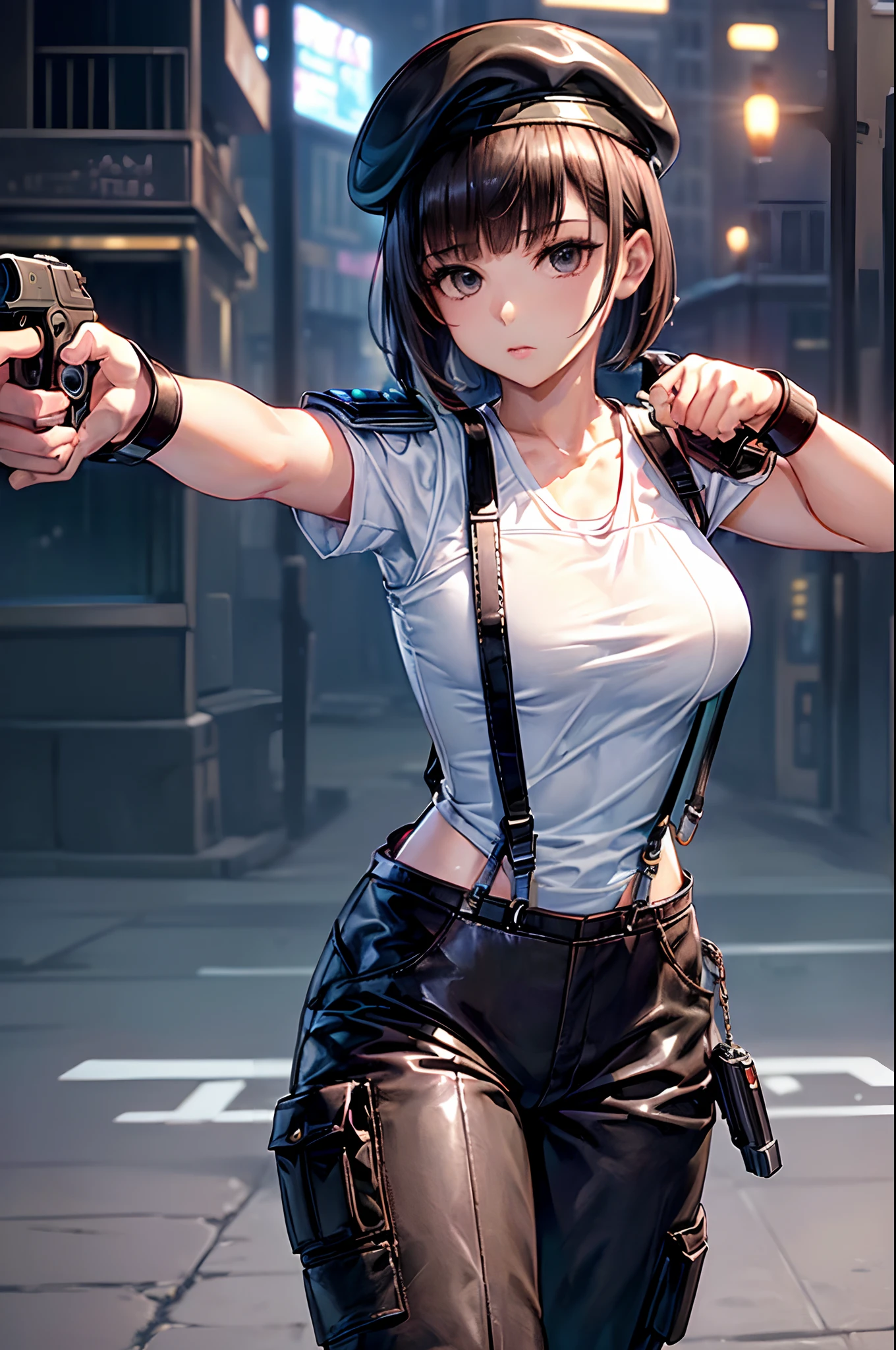 27-year-old woman, brown eyes, short brown hair, medium breasts, wearing a blue sleeveless shirt and tight black mini shorts and holding a p99