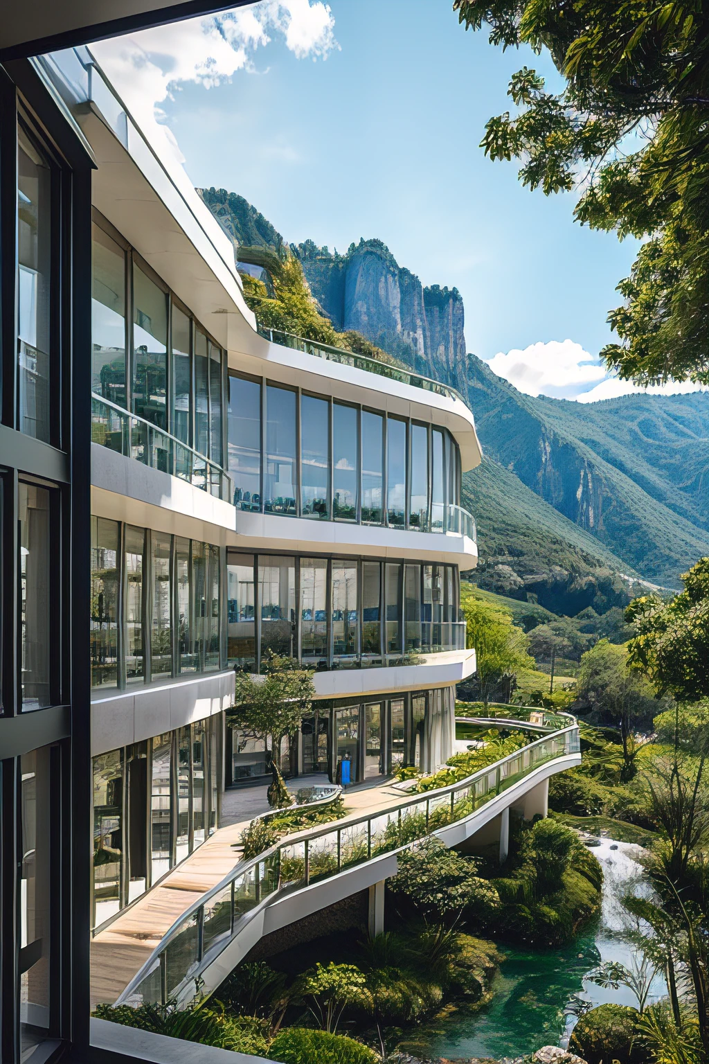 Projeto arquitetonico futurista, misturado com muita natureza e tecnologia, Office with large monitor facing a window with a sunny view of mountains and nature, muito verde, cores brancas, claras, Organic and futuristic architecture.