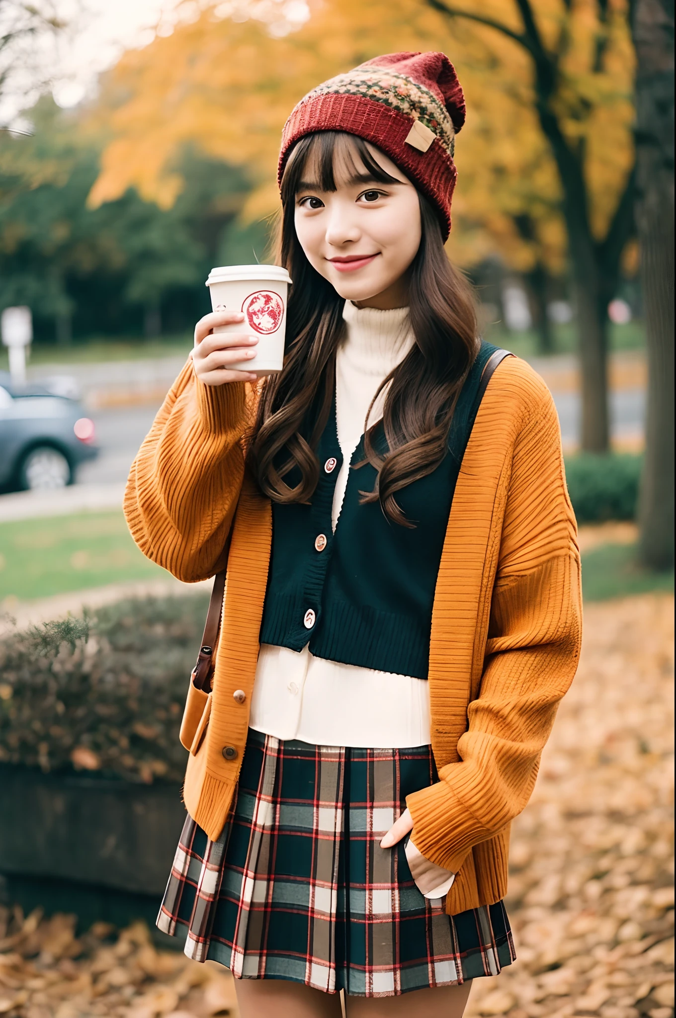 1girl in, Autumn leaves, Bangs, black headwear, Blurry background, blush, Brown eyes, Brown hair, brown scarf, Brown skirt, Cardigan, Coffee, Cowboy Shot, cup, Disposable cups, Drink, Falling leaves, Beanie, Holding, Hold drinks, fronds, Long hair, Long sleeves, Looking at Viewer, open cardigan, Open mouth, Plaid, plaid skirts, puffy long sleeves, Red Sweater, scarf, Shirt, shirt tucked in, side locks, Skirt, Smile, Solo, Sweaters, White shirt, Extremely detailed, Convoluted, masutepiece, absurderes