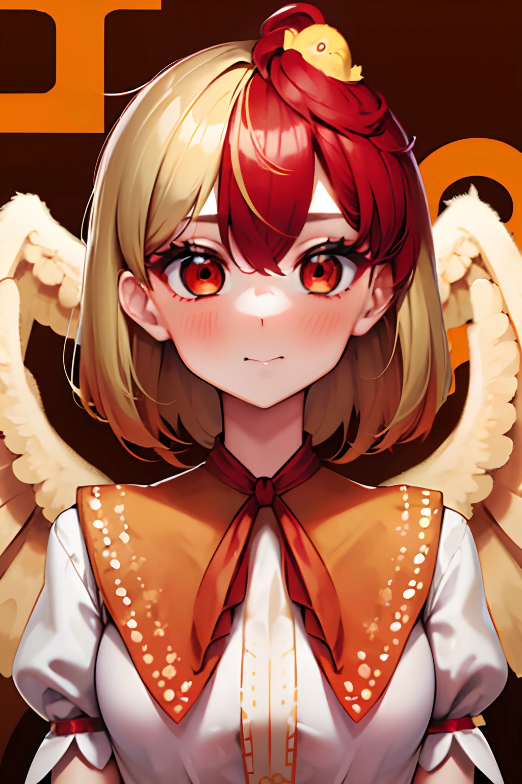 KUTAKA NIWATARI, RED EYES, LIGHT YELLOW HAIR, RED HAIR EXTENSION, SHORT HAIR, LIGHT YELLOW WINGS, LIGHT YELLOW FEATHERY TAIL, ORANGE DRESS, WHITE JACKET, ORANGE PURITAN COLLAR, RED RIBBON, BROWN BOOTS, large breasts, upper body, 5 fingers, detailed face, detailed eyes, detailed hair,((masterpiece, best quality))
