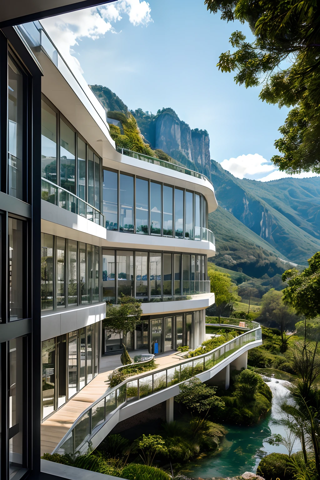 Projeto arquitetonico futurista, misturado com muita natureza e tecnologia, Office with large monitor facing a window with a sunny view of mountains and nature, muito verde, cores brancas, claras, Organic and futuristic architecture.