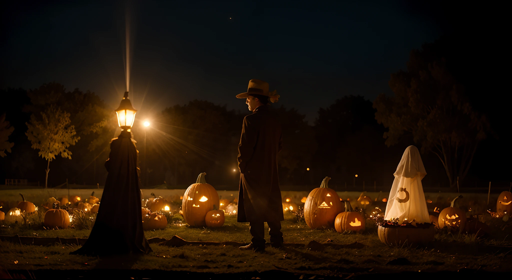 Mix the whimsy of a pumpkin stain with ghostly apparitions rising from the ground, iluminando a cena com suave, Ethereal lighting and a touch of mystery.