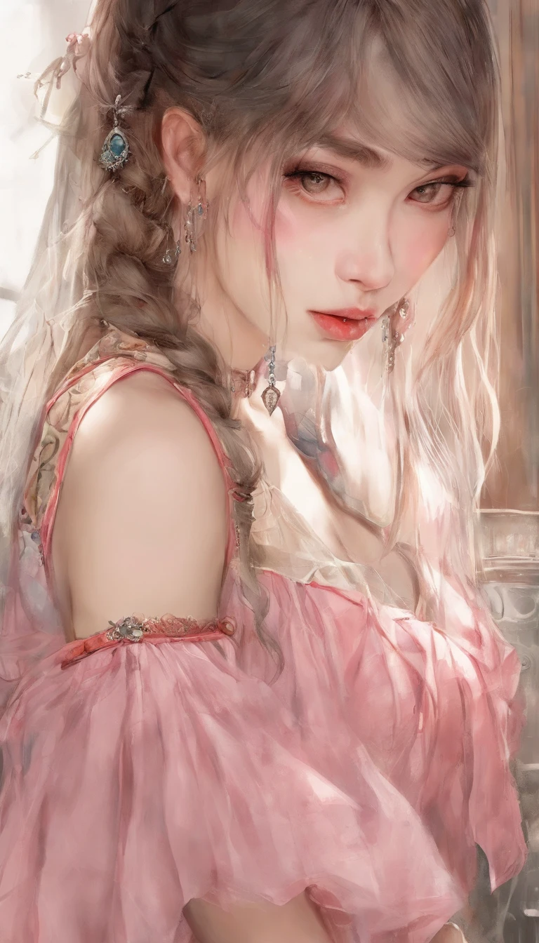 Street,(Kaysan:1.5), close up, Masterpiece, Best Quality, Original Photo, Realistic, s face, big breasts, pink gauze dress-combination, Incredibly ridiculous, handsome girl, Cute, light yellow long hair, Short braces, Depth of field, High Resolution, hyper-detailing, finely detail, Very detailed, Very detailed eyes and face, Sharp pupils, Realistic pupils, sharp-focus, Cinematic lighting,