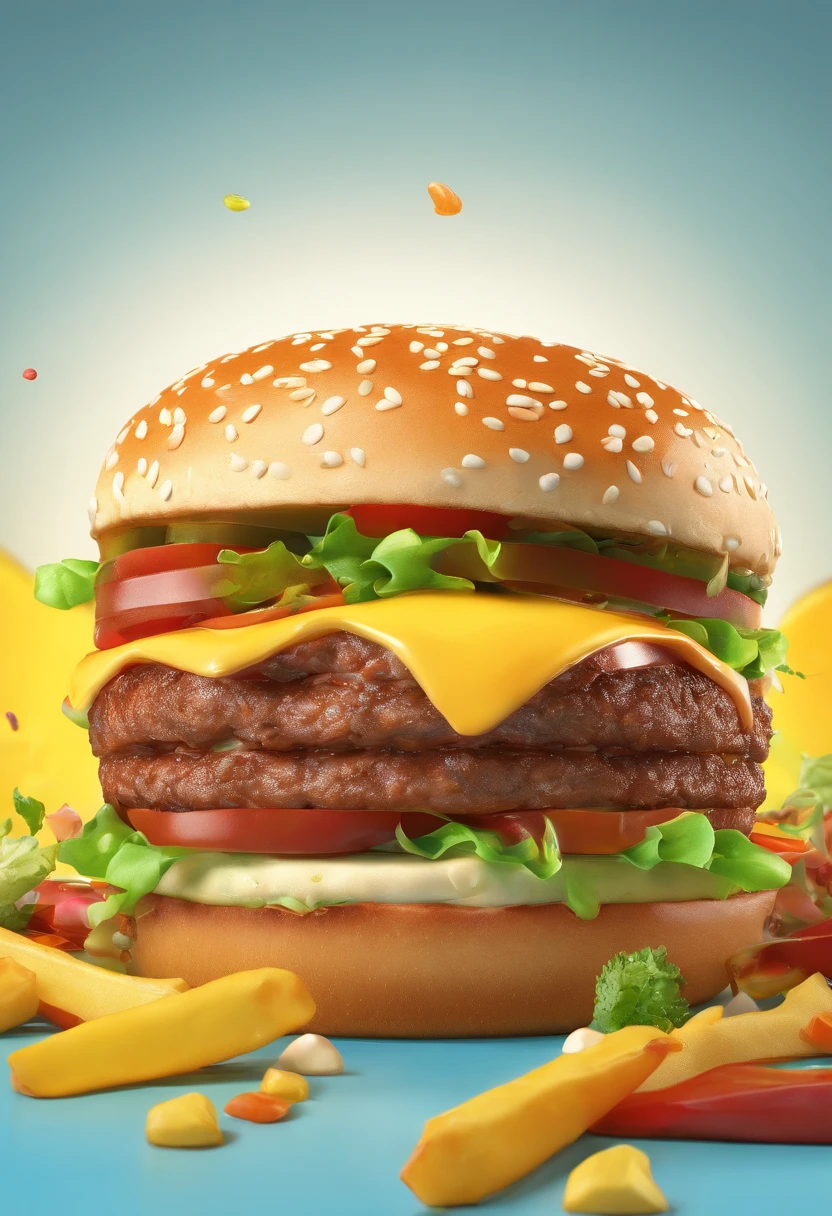 There is a close-up of a hamburger on the phone，The hamburger is about to crawl out of the phone，（Blue-yellow background：1.37）food commercial 4 k, food advertisement, operating on burgers, super realistic food picture,  food photography 4 k, hamburgers, Inspired by Heinz Anger, big juicy burger, Strong reality,