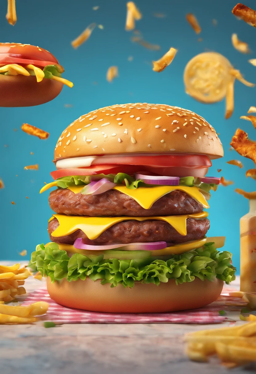 There is a close-up of a hamburger on the phone，The hamburger is about to crawl out of the phone，（Blue-yellow background：1.37）food commercial 4 k, food advertisement, operating on burgers, super realistic food picture,  food photography 4 k, hamburgers, Inspired by Heinz Anger, big juicy burger, Strong reality,