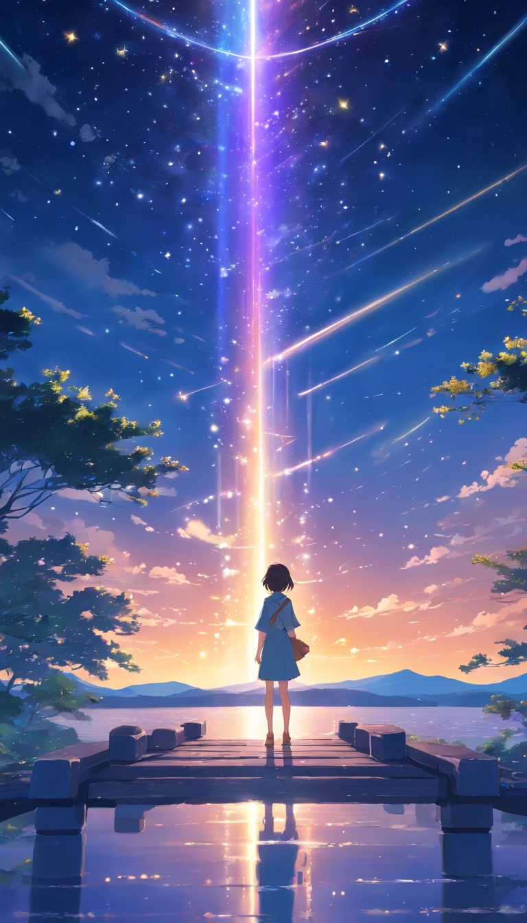 Pillars of light with stars gathered in the night sky fall on the horizon。