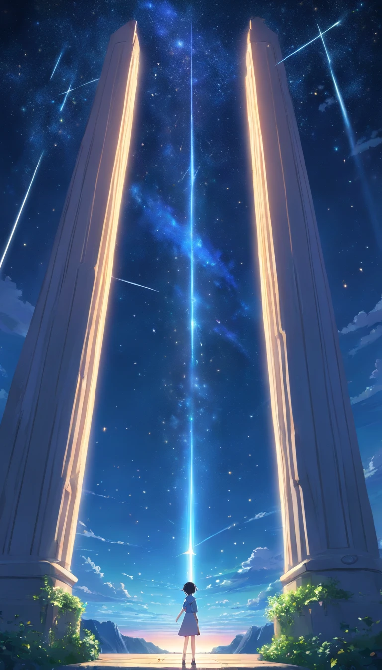 Pillars of light with stars gathered in the night sky fall on the horizon。