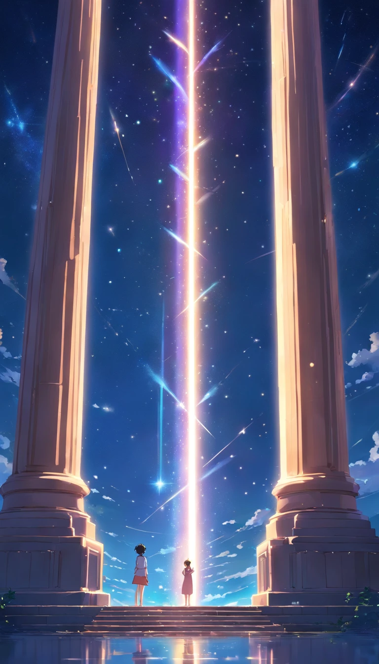 Pillars of light with stars gathered in the night sky fall on the horizon。