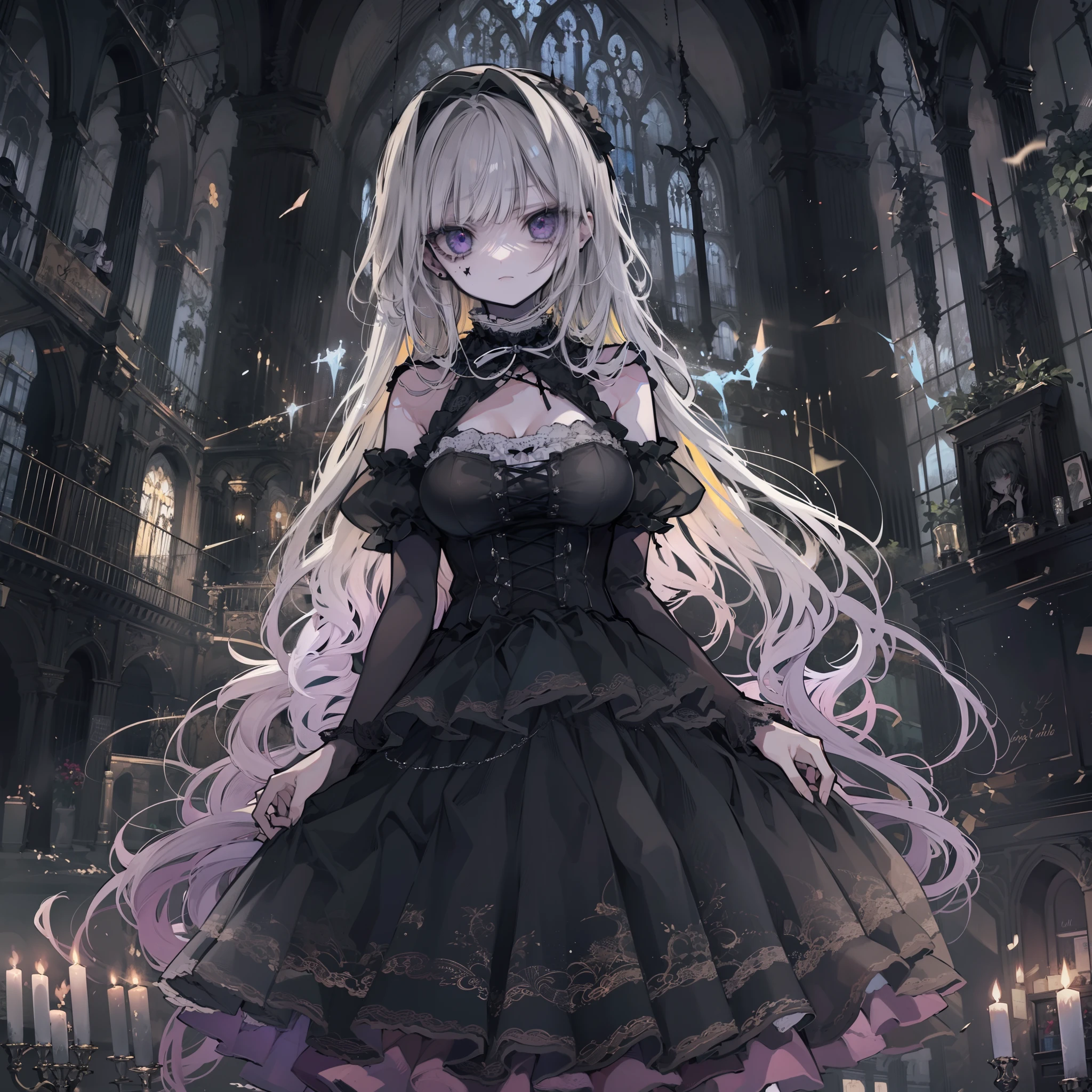 {{{{masterpiece}}}},{{best quality}},{{official art}},{{extremely detailed cg unity 8k wallpaper}},{{{artbook}}},2girls,yellow hair,white hair,{{deep purple eyes}},gothic ****ta,large breasts,sisters,black clothes,white clothes,dark background,eden,cathedral,stain,wavy hair,long hair,dark theme,dark background,horror,broken glass,gothic style,yuri,gothic girls,pixiv top,purple light,symmetrical art