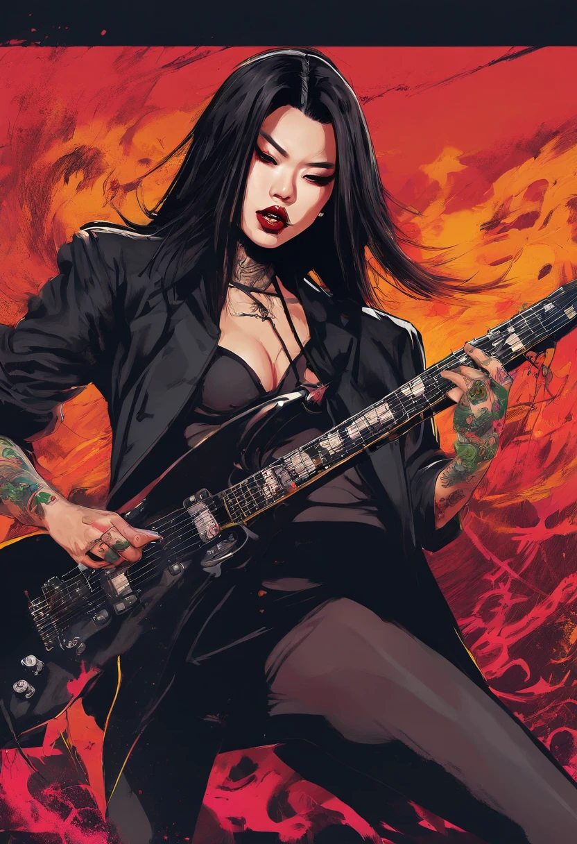 gorgeous female korean black metal singer with long dark hair with sidecut tied up, with Black tight overcoat and shorts, full of tattoos, performing on a concert playing a white eletric guitar, dark, brush painting pulp fiction style, best quality, masterpiece