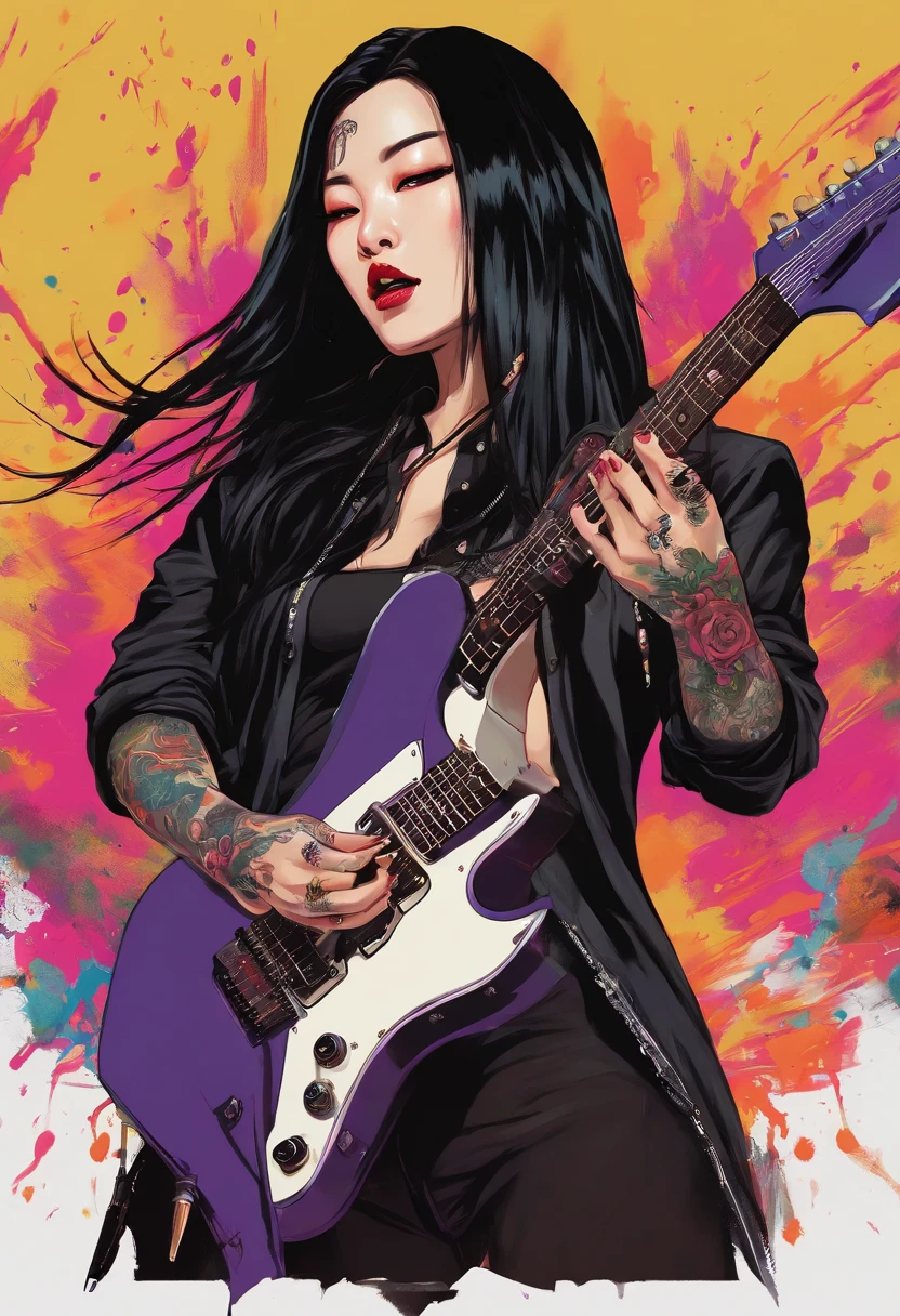gorgeous female korean black metal singer with long dark hair with sidecut tied up, with Black tight overcoat and shorts, full of tattoos, performing on a concert playing a white eletric guitar, dark, brush painting pulp fiction style, best quality, masterpiece