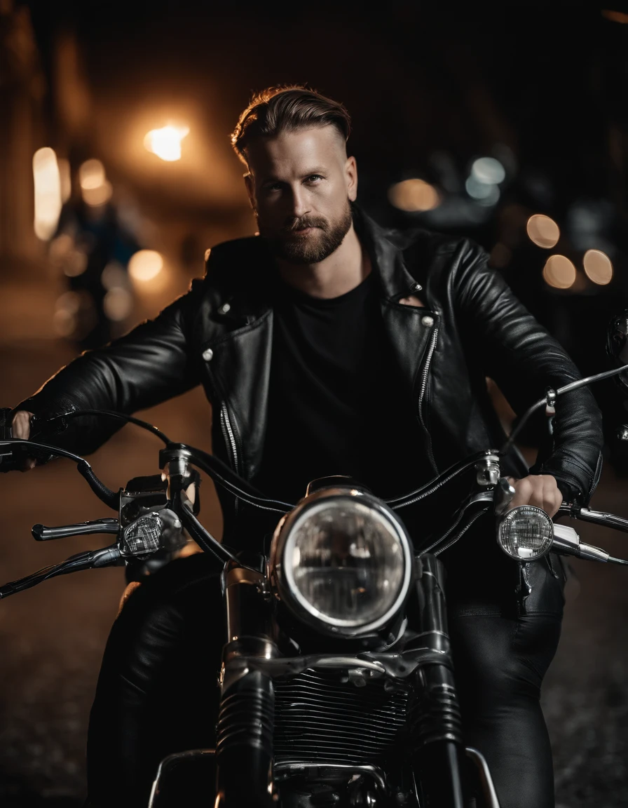 film portrait, ((Mittlere Nahaufnahme)), Dem Publikum zugewandt, (Wirklichkeit :1.3), The most beautiful art photo in the world, Ein Mann schaut in die Kamera, Moderne Bikerbekleidung, Biker-Party, Beautiful face in detail, Action-Aufnahmen, (Komplex :1.4), street background, fotorealistisch, Tageszeit, Globale Beleuchtung, CG, Kunststation, Meisterwerk, HD-Fotografie