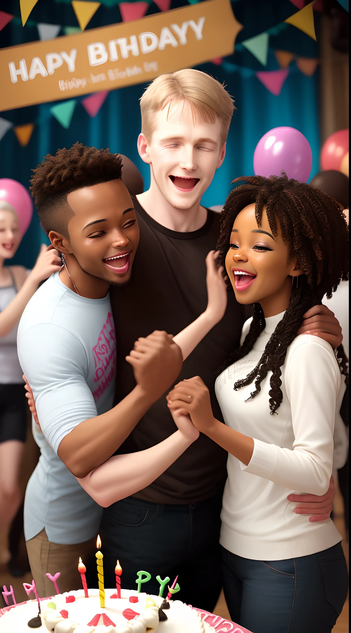 Black people dancing logobi with a white man around a birthday cake