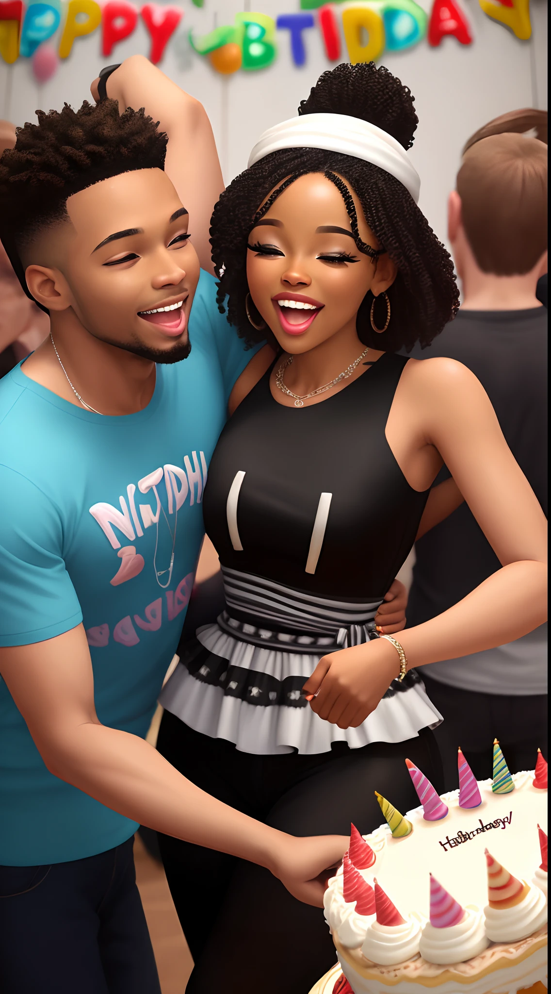 Black people dancing logobi with a white man around a birthday cake