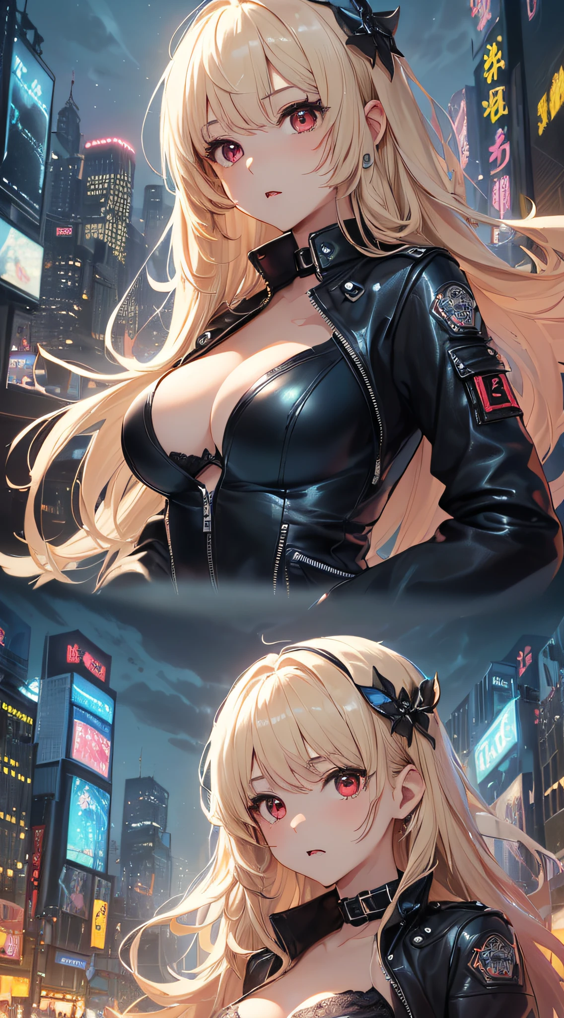top-quality、Top image quality、masterpiece、girl with((cute little、18year old、Best Bust、Medium bust、Bust 85,Red eyes to issue、Breasts wide open,Valley、Blonde long hair、A slender、Black leather bra、Black leather jacket、White pants、astonished face、)hiquality、Beautiful Art、Background with((nightcity、The ground glows blue、weightless、floating cars、Floating building、Floating people々々)),masutepiece、Elaborate design、visualart、depth of fields、The best lighting、highestdetailed、8k,Angle from above