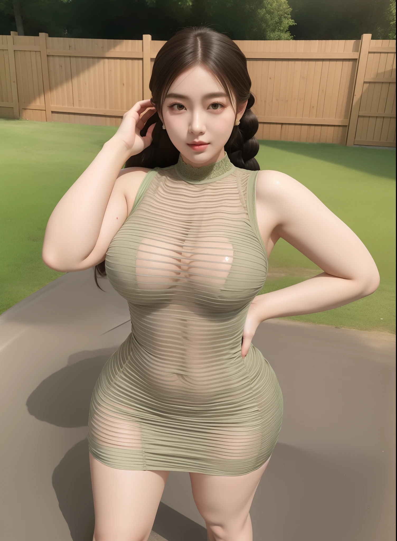 An Idol k-pop girl, (cute face:1), (lewd face:1), braid hair, intricate face details, detailed face, golden ratio face, ((huge breasts:1)), ((large breasts:1)), ((giant breasts:1)), ((big breasts:1)), ((slim waist:1)), ((big butt:1)), ((big hip:1)), ((big thighs:1)), ((thick thighs:1)), ((intricate hands:1)), ((detailled hands:1)), ((intricate feets:1)), ((detailled feets:1)), (polished skin:1,9), (sweaty:1,9), (thicc:1), (erotic:1), (perverted:1), (she is sexually aroused:1), (full body:1), (look at viewer:1), 64K, UHD, HDR, global illumination, (high quality, high detailed, hyper detailed, extremely detailed), photo realistic, ultra realistic, art photo, (clarify the details, detailed parts body), intricate artwork masterpiece, trending on artstation, (soft smile), tight clothes, standing at garden, wood fences, grass, soils, trees, mesh dress, fishnet dress, see through clothes