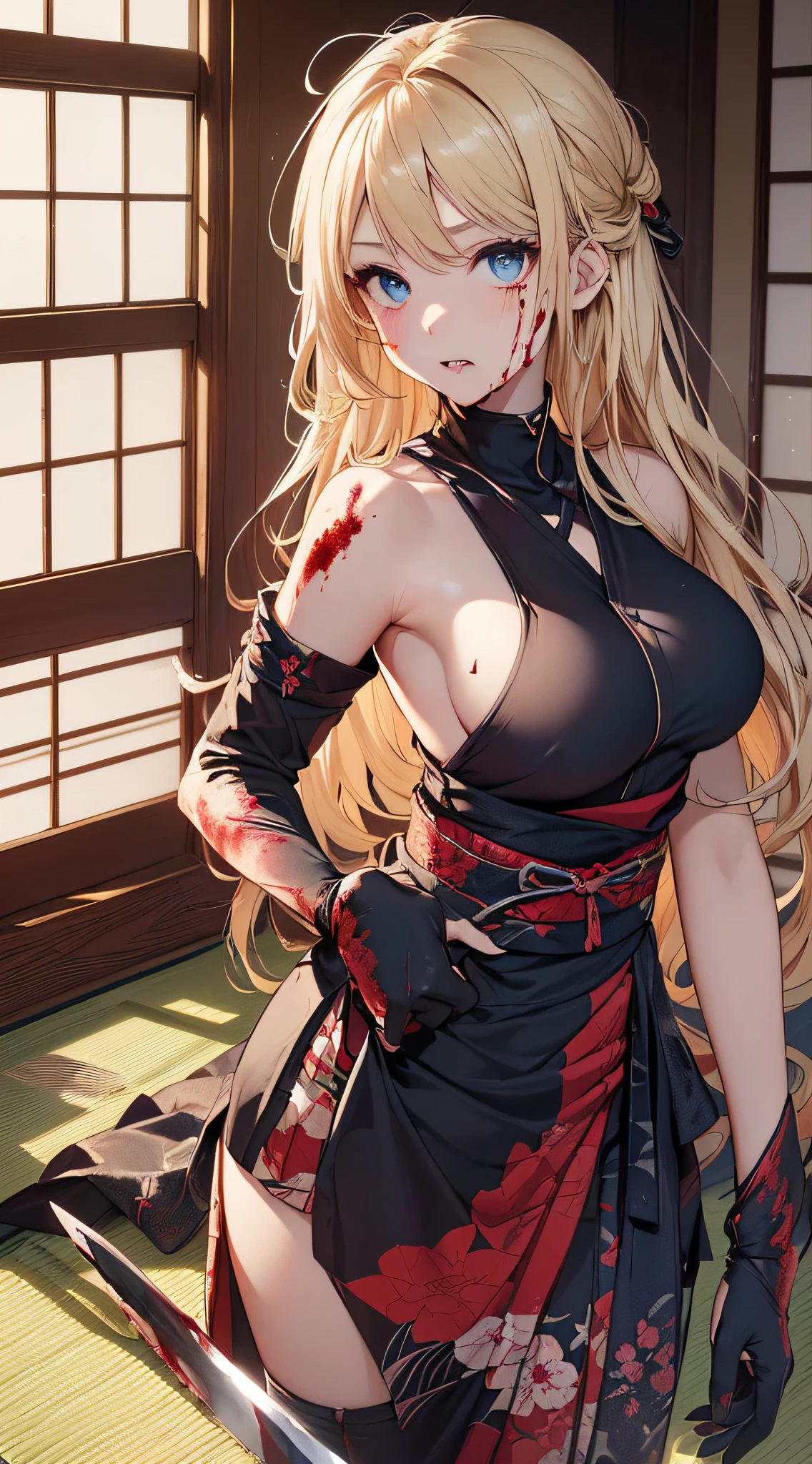 top-quality、Top image quality、masterpiece、girl with((cute little、18year old、Best Bust、Medium bust、Bust 85,Beautiful blue eyes、Breasts wide open,Valley、Blonde long hair、A slender、Disheveled black ninja uniform、She holds a sword in her right hand 、systemic return blood、Reflecting the whole body、))hiquality、Beautiful Art、Background with((Japanese-style room、The screen is covered in blood、Bloody tatami mats、Bloody fusuma、Shoji with blood)),masutepiece、Elaborate design、visualart、depth of fields、The best lighting、highestdetailed、8k,、Art of Kurosawa World