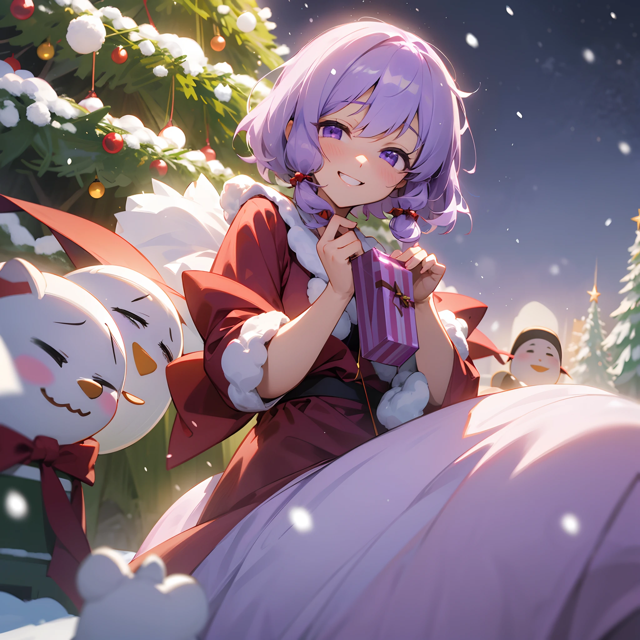 1 beautiful woman、Yuzuki Yukari、The upper part of the body、Beautiful purple eyes、Light lilac hair、short-hair、Looking at this、The best smile、grin、santa claus、Have a gift、It's snowing、Snowflake、Riding a sled、Lots of snowmen、Christmas tree